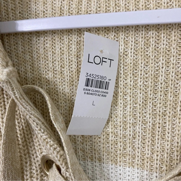 New LOFT Tan White Striped Lace Up Chunky Cozy Sweater size Large - Picture 4 of 10